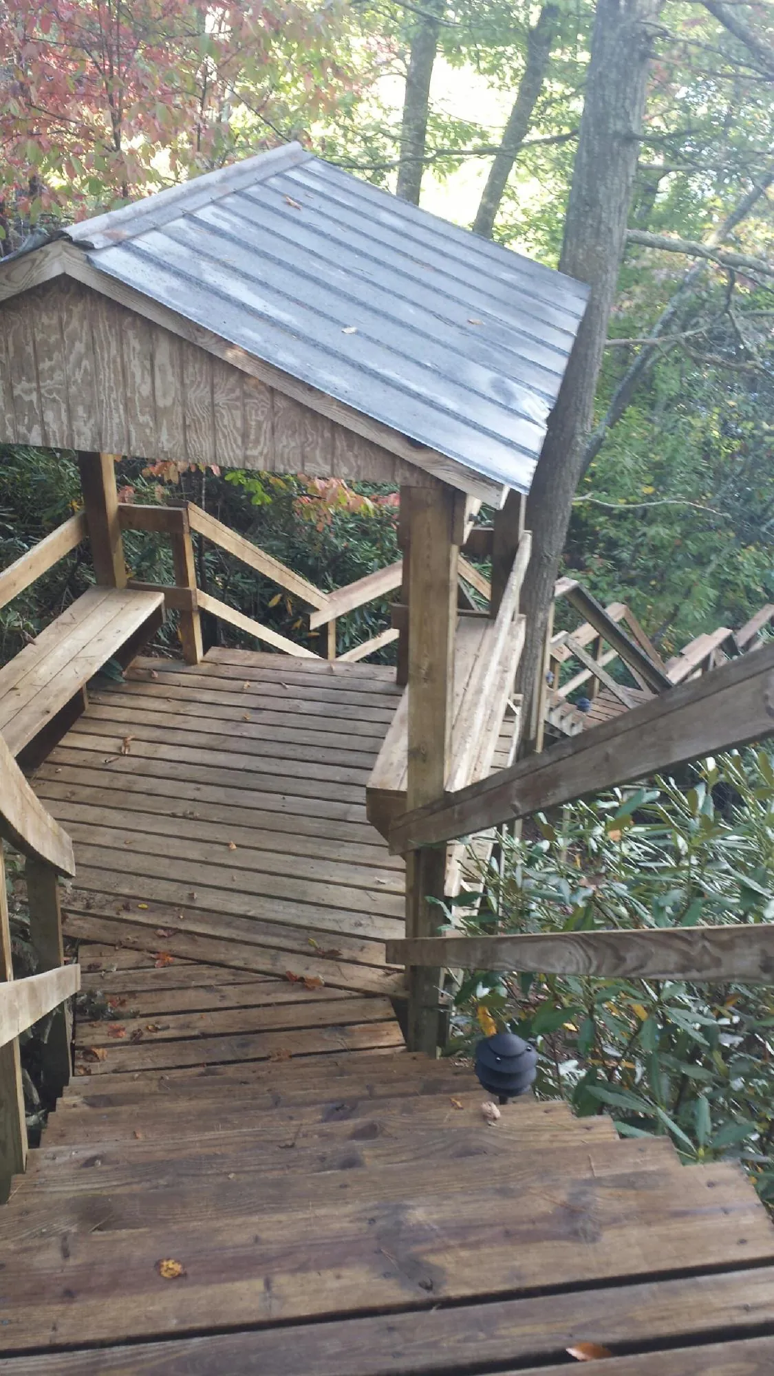 Metal roofed shelter over wooden steps on a wooded walkway — Skylight Repair & Installation work by our crew in Manvel